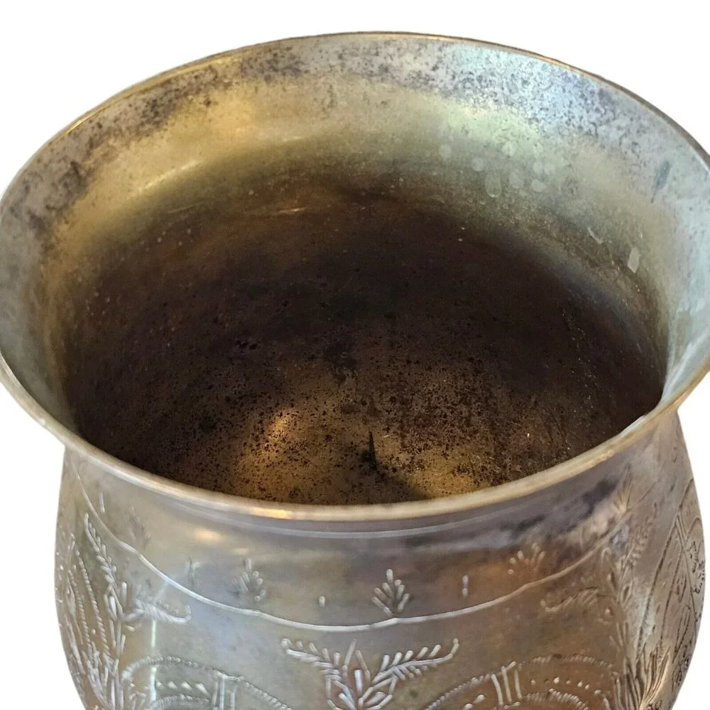 Vintage Etched Silver Plated Deco Bowl Vase With Handle Floral Design Art Nouvea